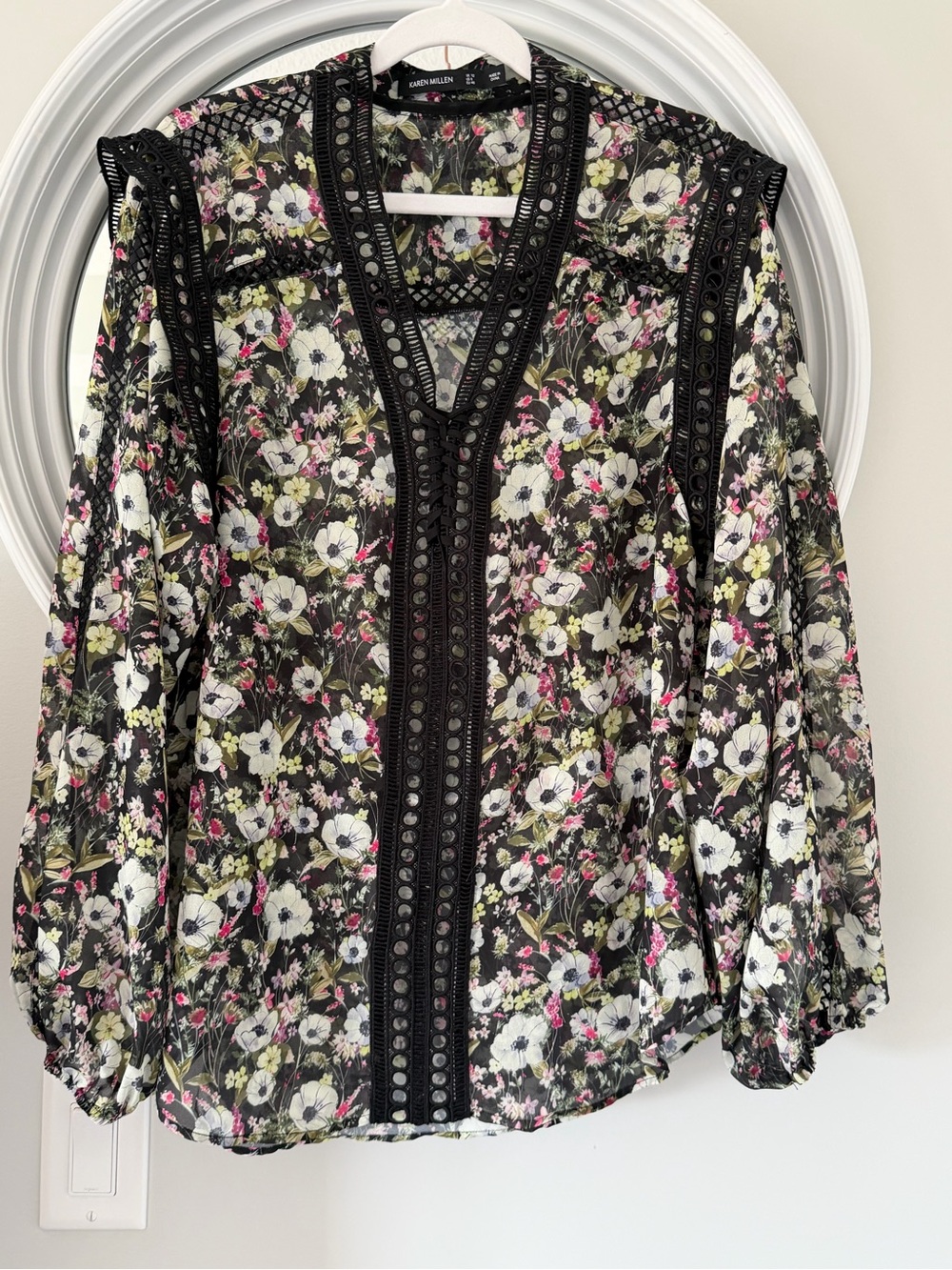 Karen Millen Floral Chiffon Geometric Lace Balloon Sleeve Blouse